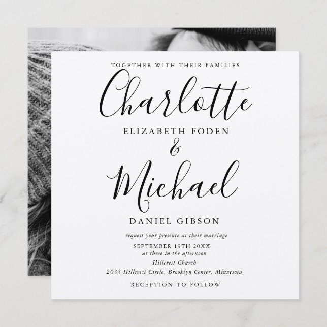 Rustic Kraft Black Script Wedding Foto Einladung (Vorne/Hinten)