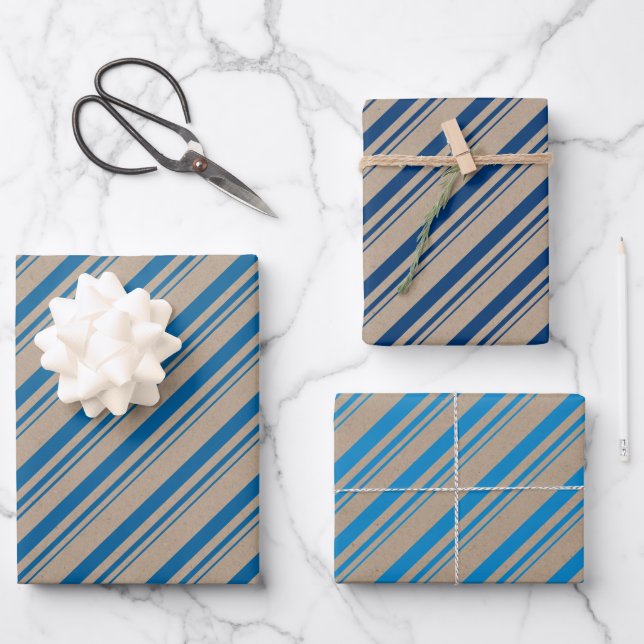 Rustic Kraft Blue Navy Capri Blue Candy Stripes Geschenkpapier Set (Vorderseite)