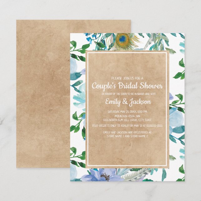 Rustic Kraft Blue White Floral Couple's Bridal Einladung (Vorne/Hinten)