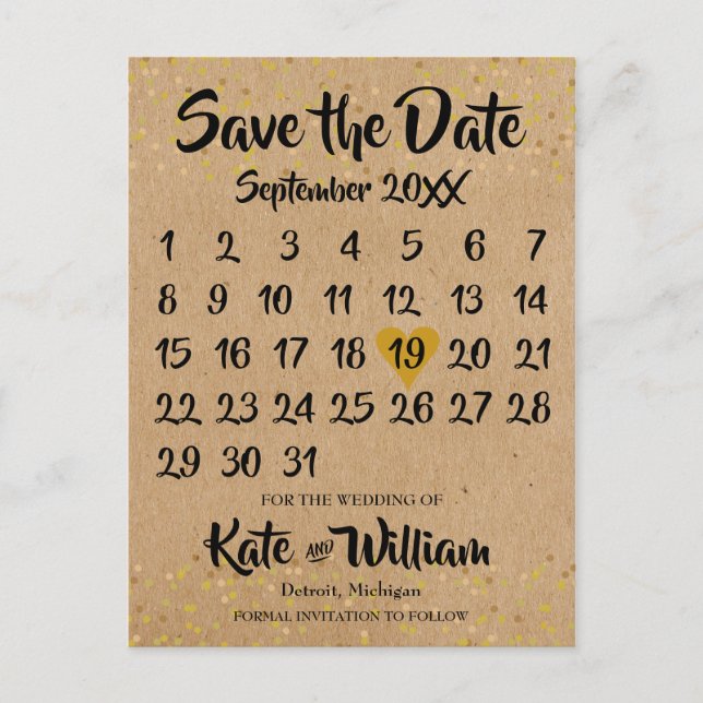 Rustic Kraft Boho Calendar Save the Date Foto Ankündigungspostkarte (Vorderseite)