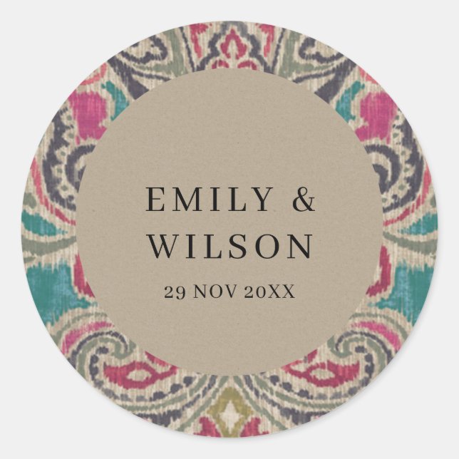 RUSTIC KRAFT BOHO TRIBAL IKAT PINK AQUAMARIN WEDD RUNDER AUFKLEBER (Vorderseite)