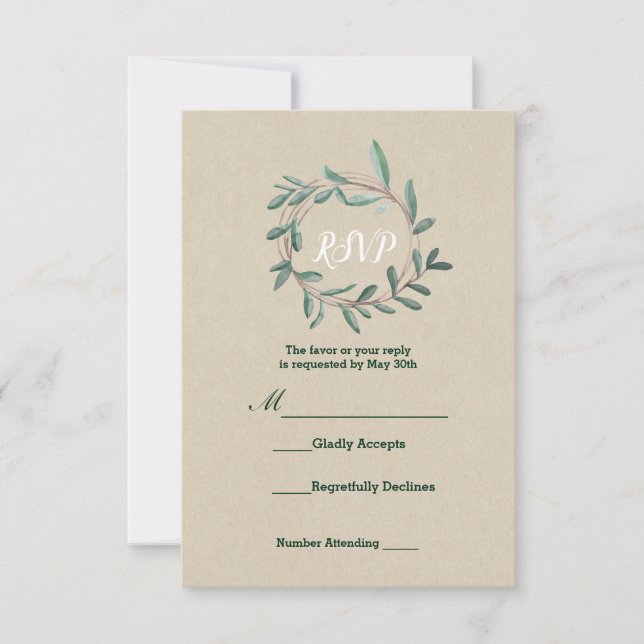 Rustic Kraft Botanical Wreath Leaf Wedding RSVP Karte (Vorderseite)
