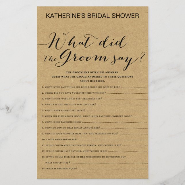 Rustic Kraft Brautparty Game DRUCKT (Vorderseite)