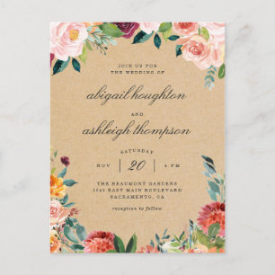 Rustic Kraft Burgundy Blush Pink Floral Wedding Einladungspostkarte