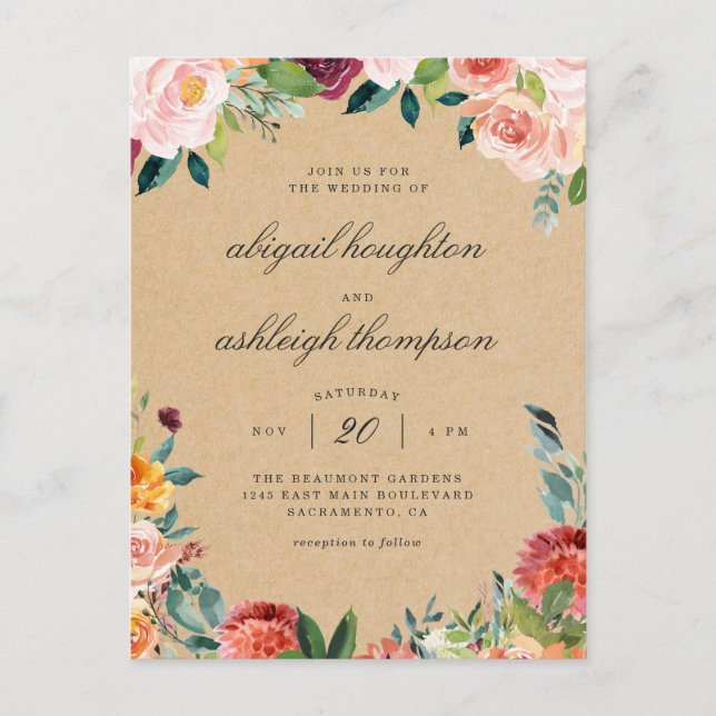 Rustic Kraft Burgundy Blush Pink Floral Wedding Einladungspostkarte (Vorderseite)