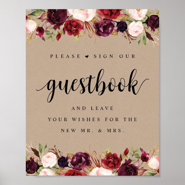 Rustic Kraft Burgundy Floral Wedding Guestbook Poster (Vorne)