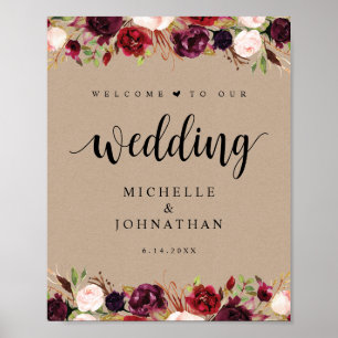 Rustic Kraft Burgundy Floral Wedding Welcome Post Poster