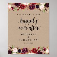 Rustic Kraft Burgundy Floral Wedding Welcome Post