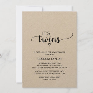 Rustic Kraft Calligraphy Twins Baby Shower Einladung