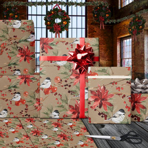 Rustic Kraft Chickadees Red Beries & Poinsettias Geschenkpapier Set