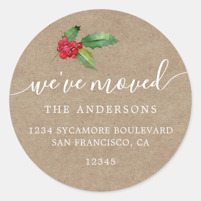Rustic Kraft Christmas Greenery New Address Home Runder Aufkleber (Vorderseite)