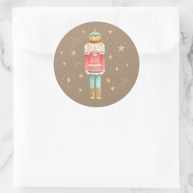 Rustic Kraft Christmas Nutcracker Gold Stars Runder Aufkleber (Tasche)