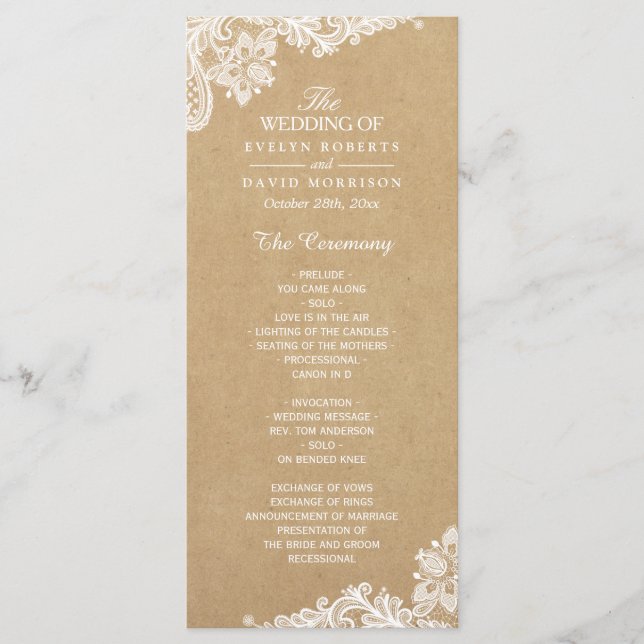 Rustic Kraft Classy White Lace Wedding Program Programm (Vorderseite)