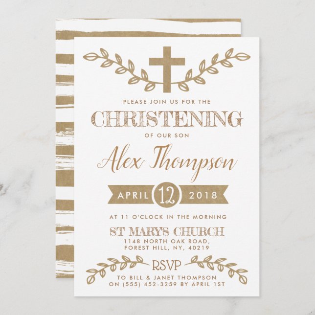 Rustic Kraft Cross & Foliage Christening Einladung (Vorne/Hinten)