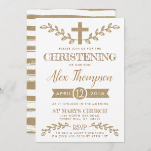 Rustic Kraft Cross & Foliage Christening Einladung