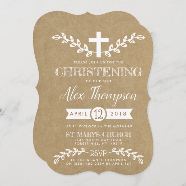 Rustic Kraft Cross & Foliage Christening Einladung (Vorne/Hinten)