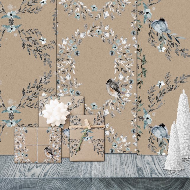 Rustic Kraft Dusty Blue Winter Florals & Birds Geschenkpapier Set (Rustic Kraft Dusty Blue Winter Florals & Birds Christmas Holiday Gift Wrapping Paper Sheets Trio)
