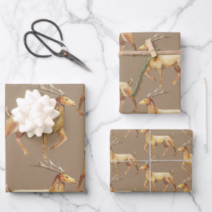 Rustic Kraft Elegant Gold Reindeer Stag Geschenkpapier Set