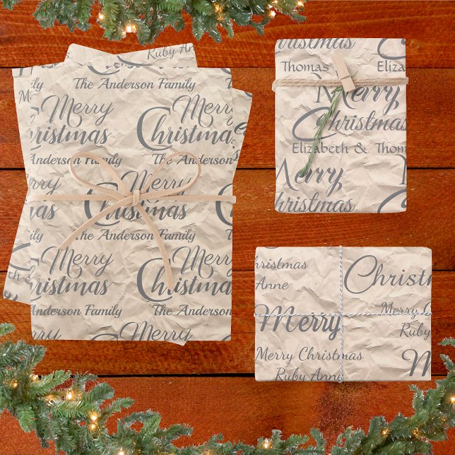 Rustic Kraft Elegant Gray Script Frohe Weihnachten Geschenkpapier Set (Von Creator hochgeladen)