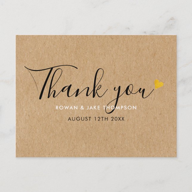 Rustic Kraft Elegant Script Gold Herz Vielen Dank Postkarte (Vorderseite)