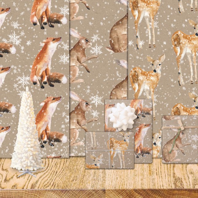 Rustic Kraft Elegant Snowy Winter Animals Geschenkpapier Set (Rustic Kraft Elegant Winter Animals Red Fox Doe Deer Hare Christmas Holiday Wrapping Paper Rolls)