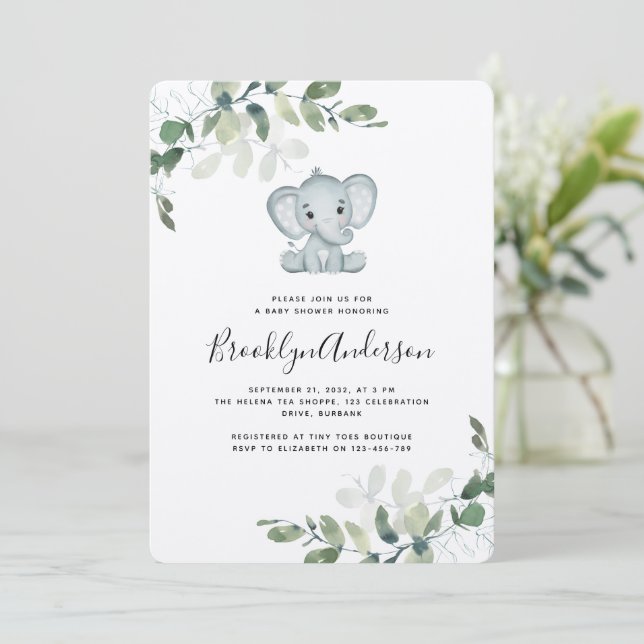 Rustic Kraft Elephant Eucalyptus Baby Dusche Einladung (Stehend Vorderseite)