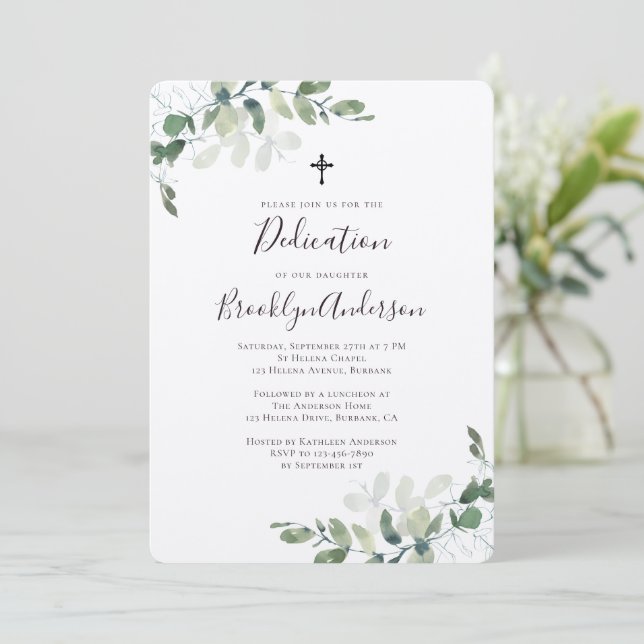 Rustic Kraft Eukalyptus Greenery Dedication Einladung (Stehend Vorderseite)
