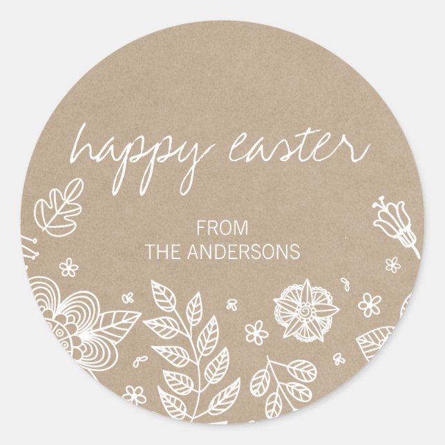 Rustic Kraft Floral Happy Oaster Round Sticker (Vorderseite)