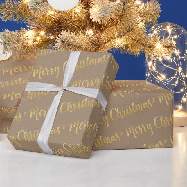 Rustic Kraft Gold Calligraphy Frohe Weihnachten 2 Geschenkpapier (Feiertage)