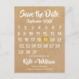 Rustic Kraft Gold Heart Calendar Save the Date Ankündigungspostkarte