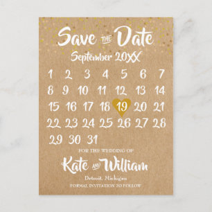 Rustic Kraft Gold Heart Calendar Save the Date Postkarte