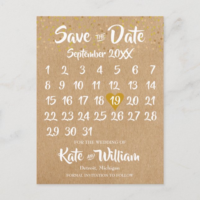 Rustic Kraft Gold Heart Calendar Save the Date Postkarte (Vorderseite)
