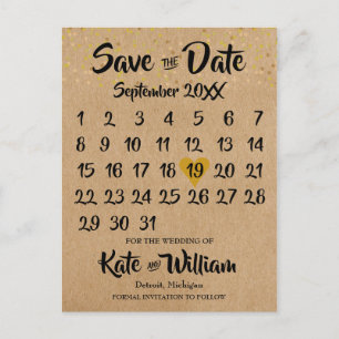 Rustic Kraft Gold Heart Calendar Save the Date Postkarte