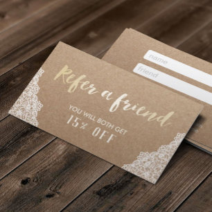 Rustic Kraft Gold Script White Lace Referenz Empfehlungskarte