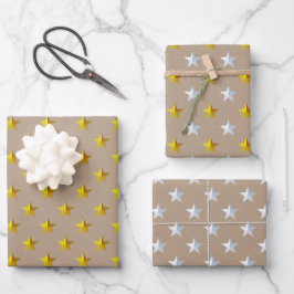Rustic Kraft Gold Silver Stars Weihnachten Geschenkpapier Set