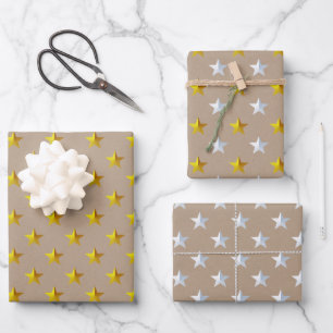 Rustic Kraft Gold Silver Stars Weihnachten Geschenkpapier Set