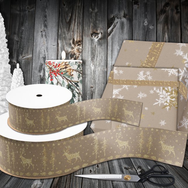 Rustic Kraft Gold Woodland Trees Stag Reindeer Ripsband (Rustic Kraft Gold Woodland Trees Stag Reindeer Ribbon in Grosgrain & Satin 1.5 & 3 Inch Widths)