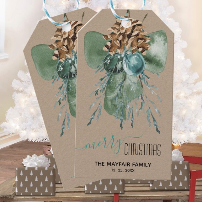 Rustic Kraft Green Bow Sugar Config Weihnachten Geschenkanhänger (Rustic Kraft Green Bow Sugar Cones Christmas Holiday Gift Wrapping Name Tag
)