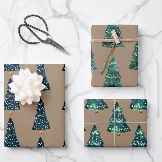 Rustic Kraft Green liess Weihnachtsbaumen auf. Geschenkpapier Set (Vorderseite)