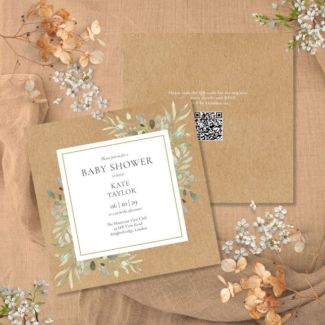 Rustic Kraft Greeneral Neutral QR Code Babydusche Einladung (Rustic Kraft Greenery Neutral QR Code Baby Shower Invitation)