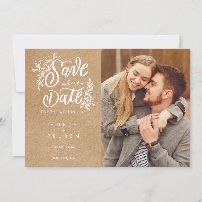 Rustic Kraft Hand Elegantes Script Boho Foto Save The Date (Vorderseite)