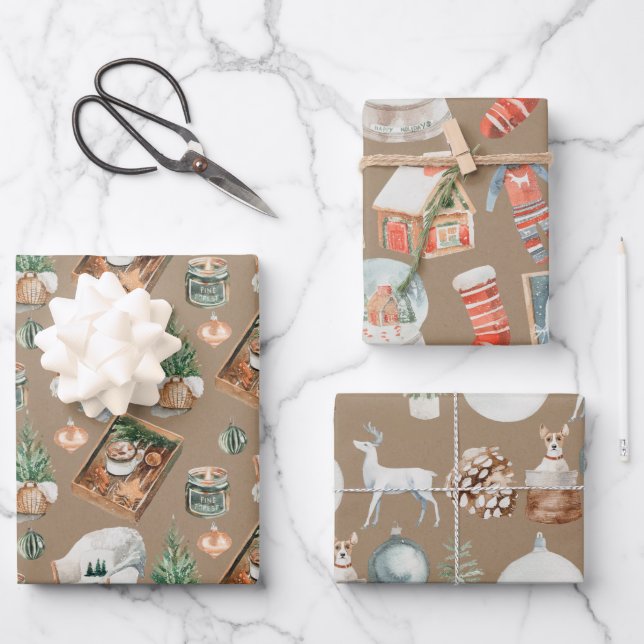 Rustic Kraft Hygge Gemütliches Weihnachtswinterdek Geschenkpapier Set (Vorderseite)