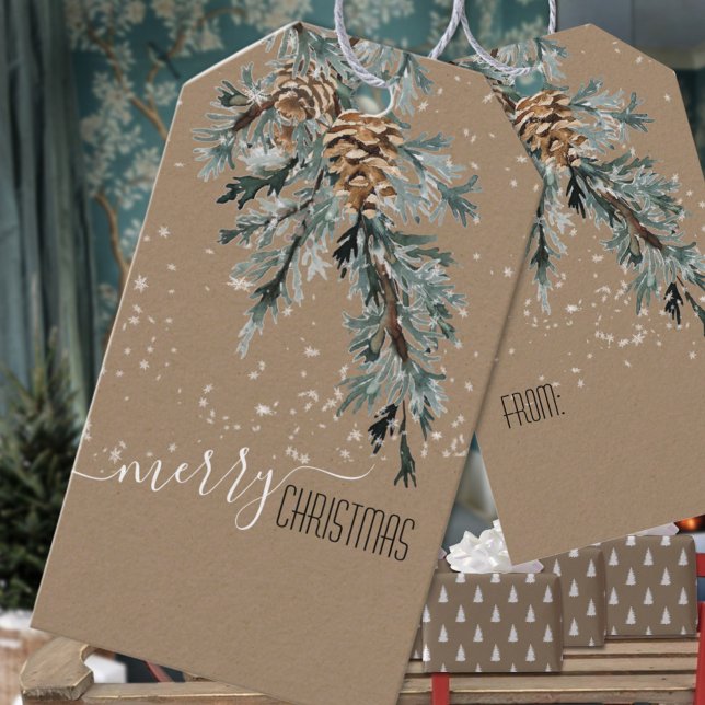 Rustic Kraft Juniper Bough & Cones Frohe Weihnacht Geschenkanhänger (Rustic Kraft Juniper Bough & Cones Merry Christmas Holiday Gift Wrapping Name Tag
)
