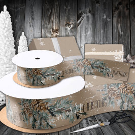 Rustic Kraft Juniper Branch Cones Frohe Weihnachte Satinband
