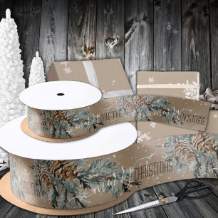 Rustic Kraft Juniper Branch Cones Frohe Weihnachte Satinband