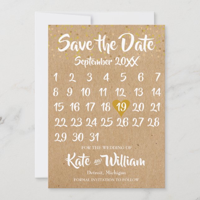 Rustic Kraft Liebe Herzkalender Save the Date (Vorderseite)