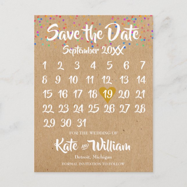 Rustic Kraft Liebe Herzkalender Save the Date Ankündigungspostkarte (Vorderseite)