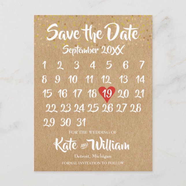 Rustic Kraft Liebe Herzkalender Save the Date Ankündigungspostkarte (Vorderseite)