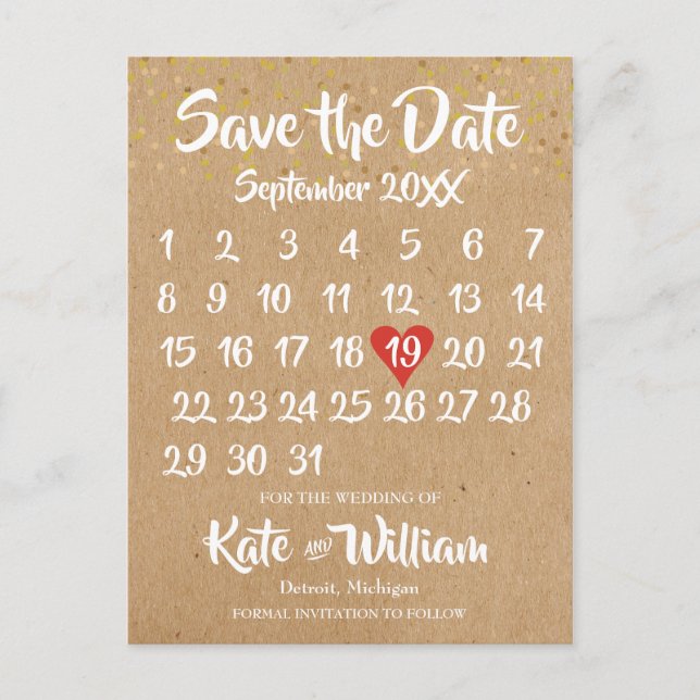 Rustic Kraft Liebe Herzkalender Save the Date Ankündigungspostkarte (Vorderseite)