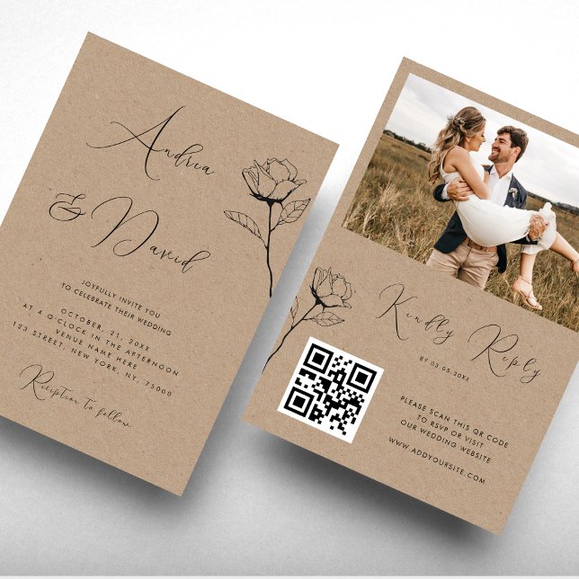 Rustic Kraft Look Gezeichnet Rose QR Code UAWG Wed Einladung (Von Creator hochgeladen)